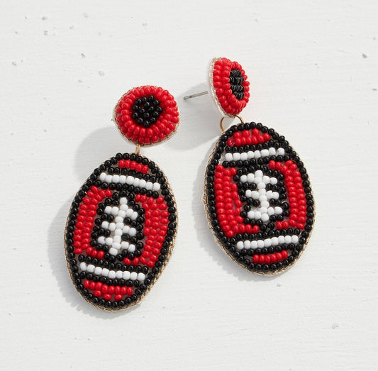 First Down Dangles Football Earrings- Red/Black