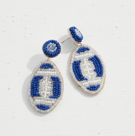 First Down Dangles Football Earrings- Blue/White